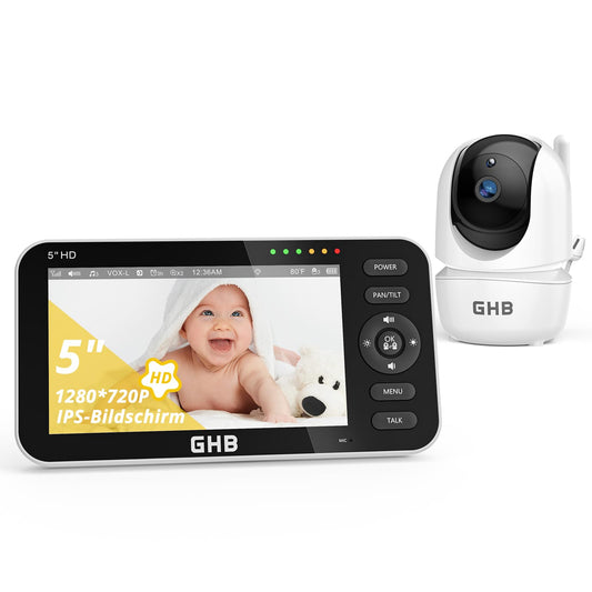 GHB Babyphone mit Kamera 5 Zoll HD IPS-Display Modell 2023. Das weiße Set bietet Audio- und Videoüberwachung von Babys.