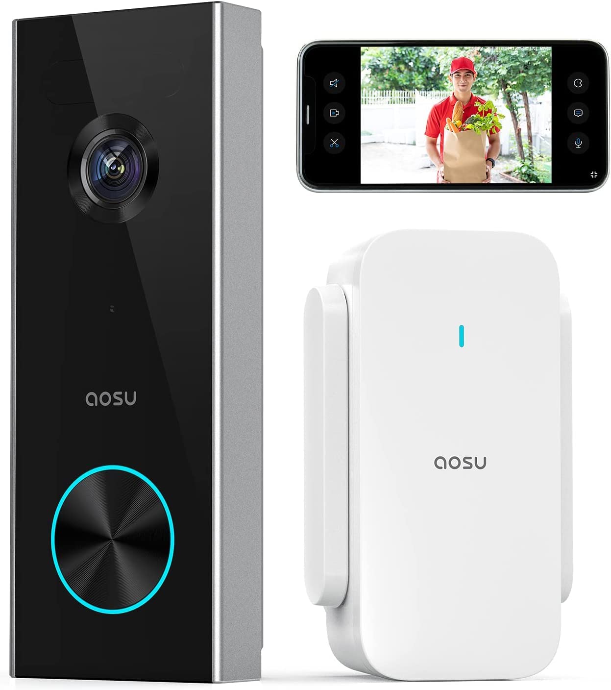 AOSU 2K Video Türklingel – KI Personenerkennung, Batteriebetrieben. Kompakte Türklingel für kabellose Videoüberwachung am Eingang.