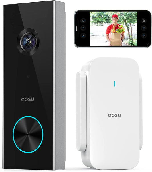 AOSU 2K Video Türklingel – KI Personenerkennung, Batteriebetrieben. Kompakte Türklingel für kabellose Videoüberwachung am Eingang.