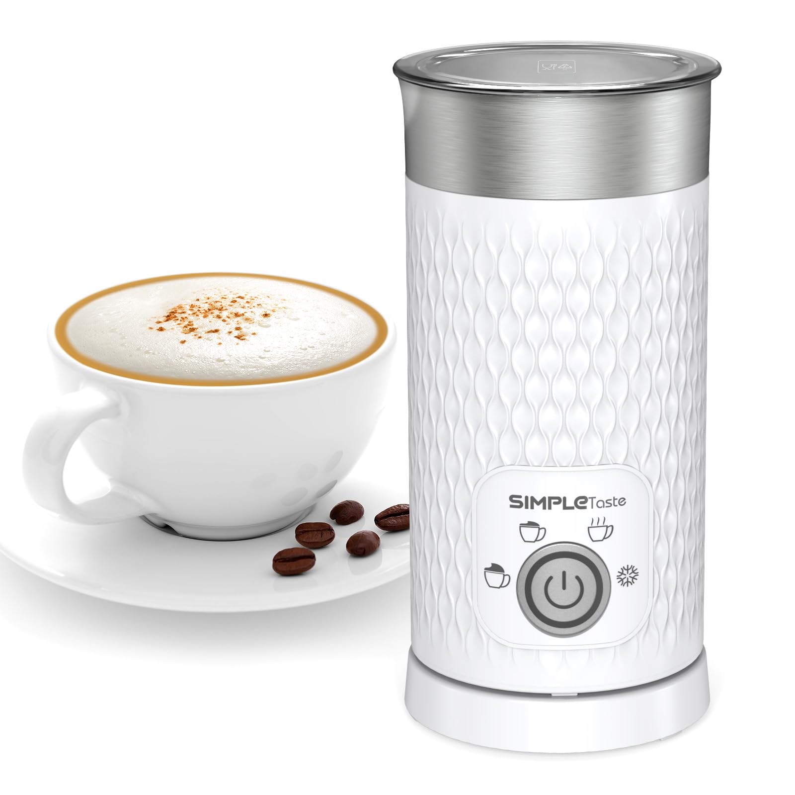 SIMPLETASTE Milchaufschäumer elektrisch 4-in-1 mit Abschaltautomatik, Behälter mit Antihaftbeschichtung