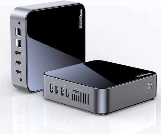 DreamQuest Mini PC N95 16GB/512GB Micro Desktop - Win 11 Pro: Schwarzer Quader, führt Windows 11 Pro Anwendungen aus.