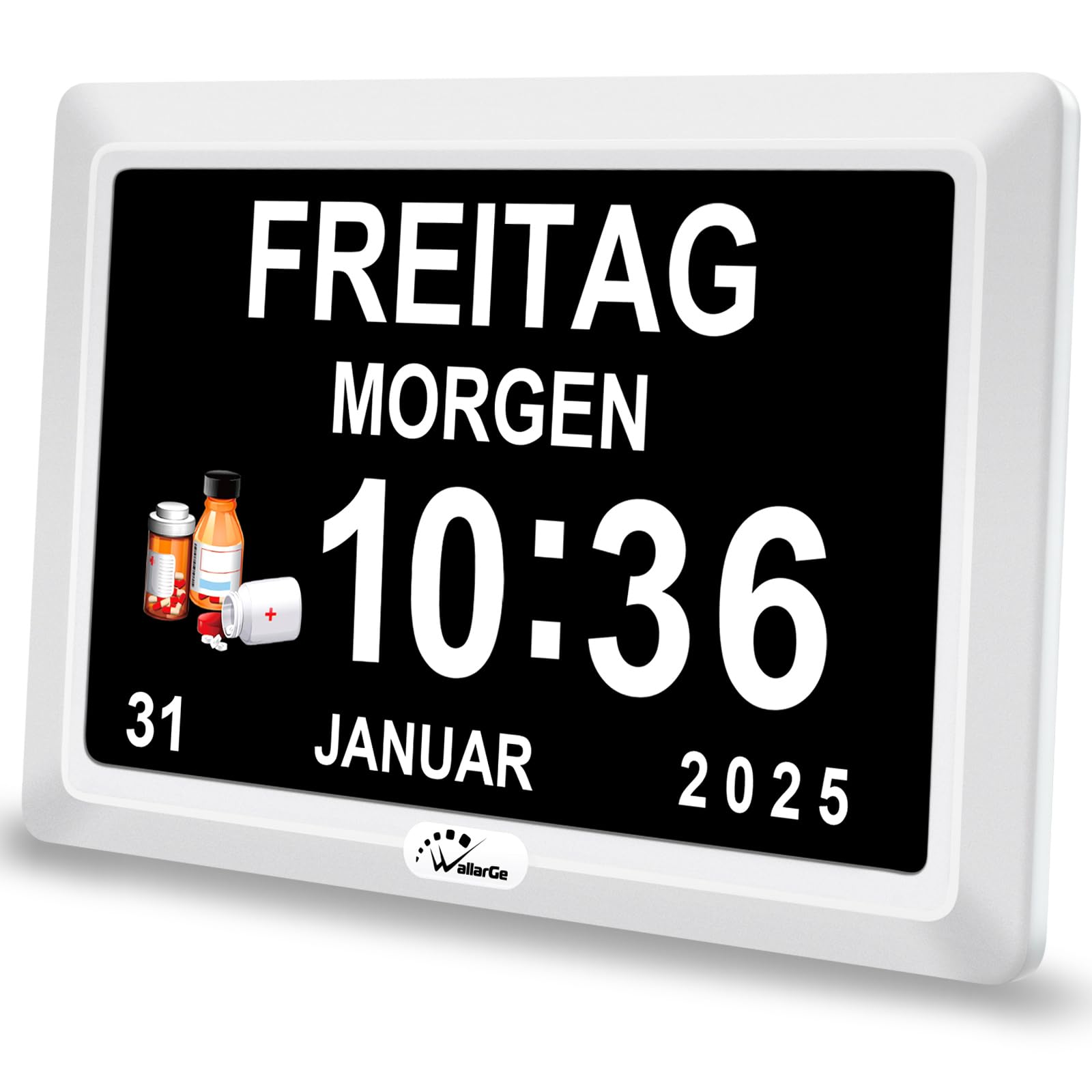 WallarGe Demenzuhr WSC701, digitale Kalenderuhr, 7 Zoll, weiss, Display mit Wochentag und Datum