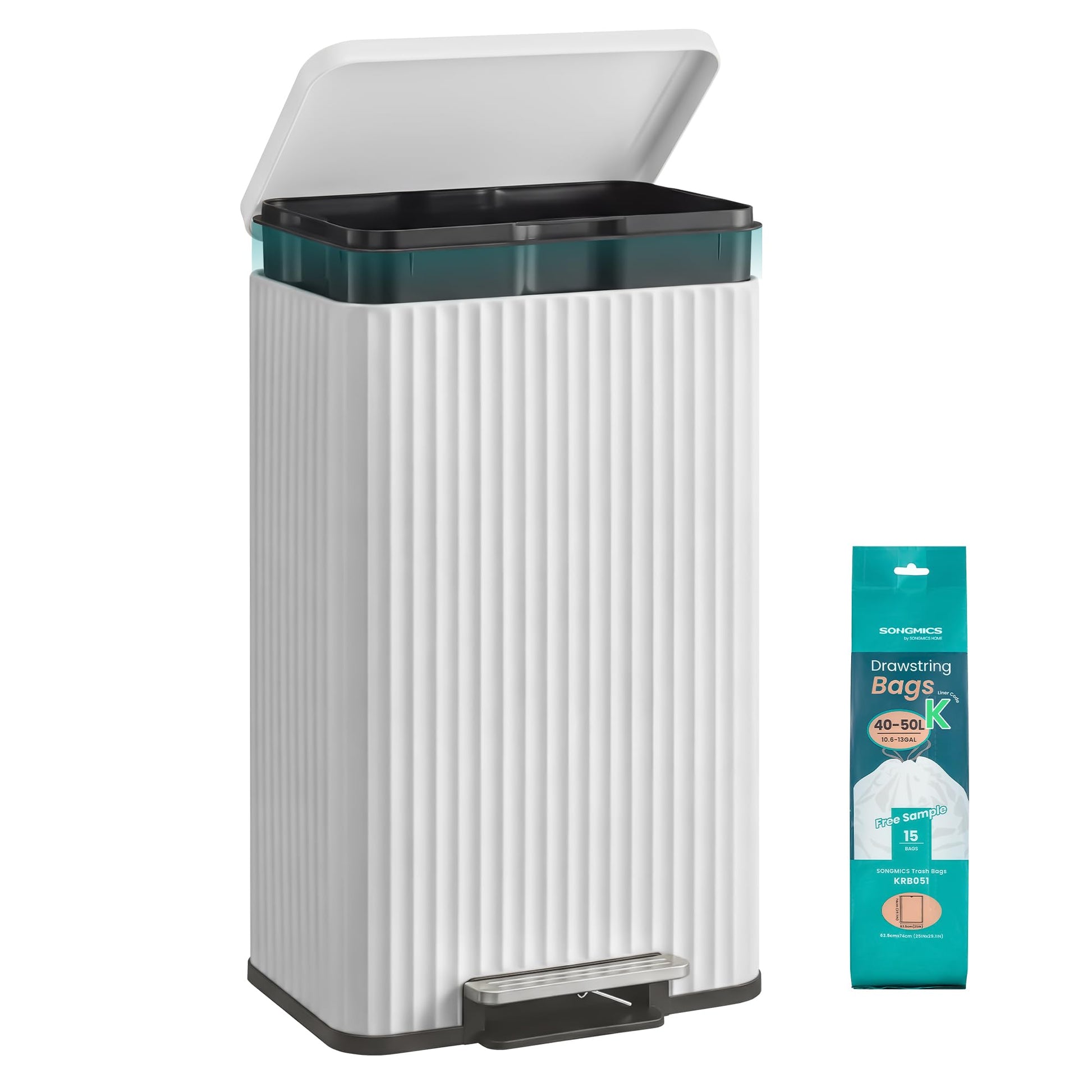 SONGMICS Tretmülleimer Küche 50 L, Stahl, Softclose, wolkenweiss – mit Pedal und geriffelter Oberfläche