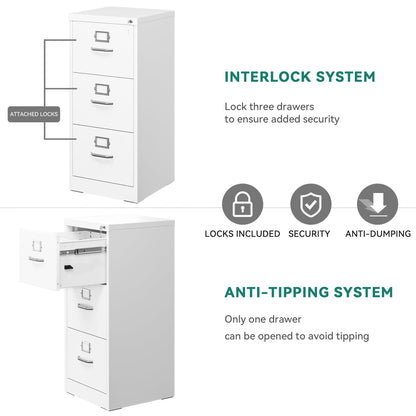 YITAHOME Abschliessbarer Metall Aktenschrank mit 3 Schubladen – Weiss