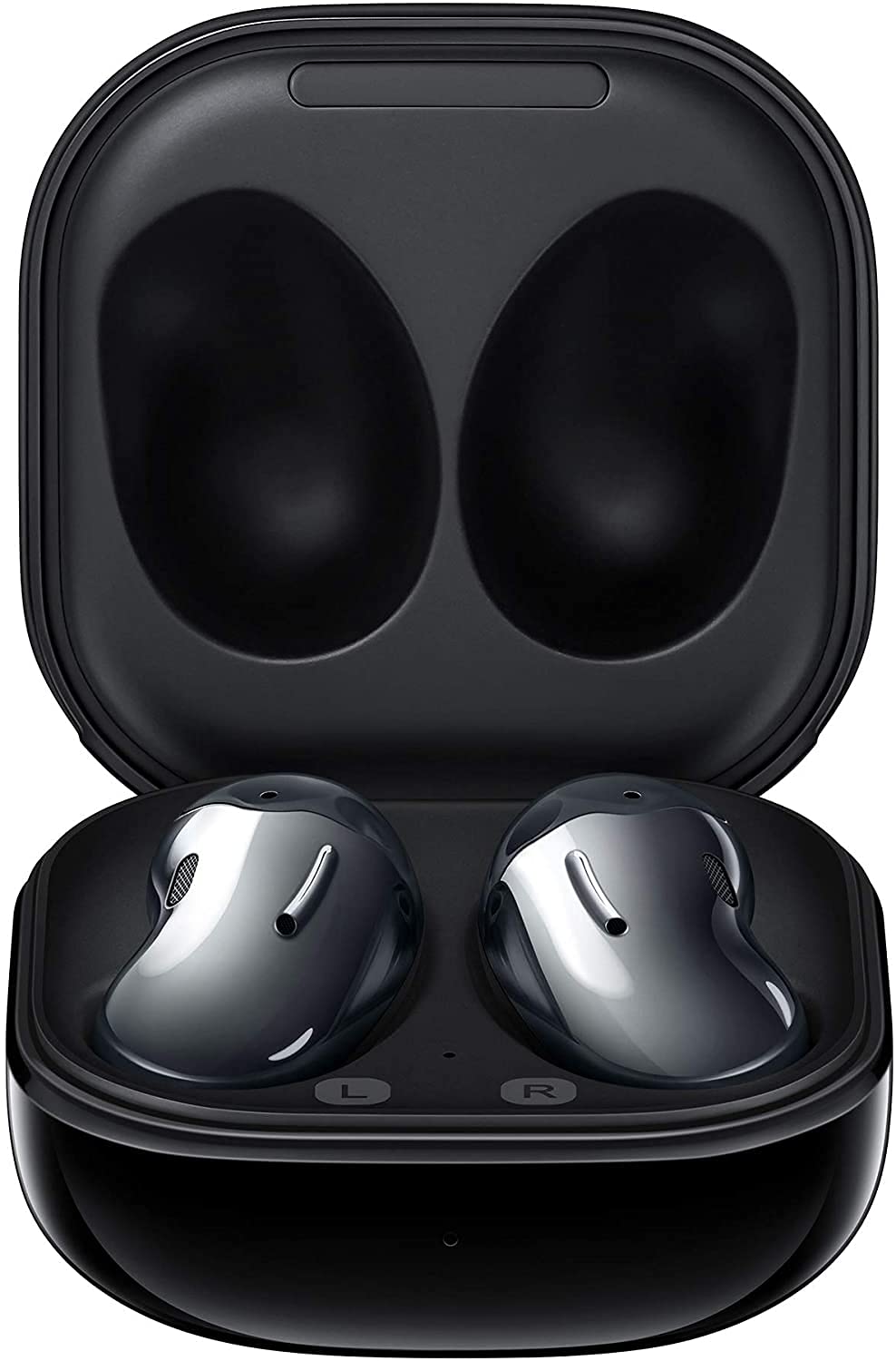 Samsung Galaxy Buds Live Kabellose Bluetooth ANC Kopfhörer - Schwarz, bohnenförmige, schwarze Buds zur Soundwiedergabe.