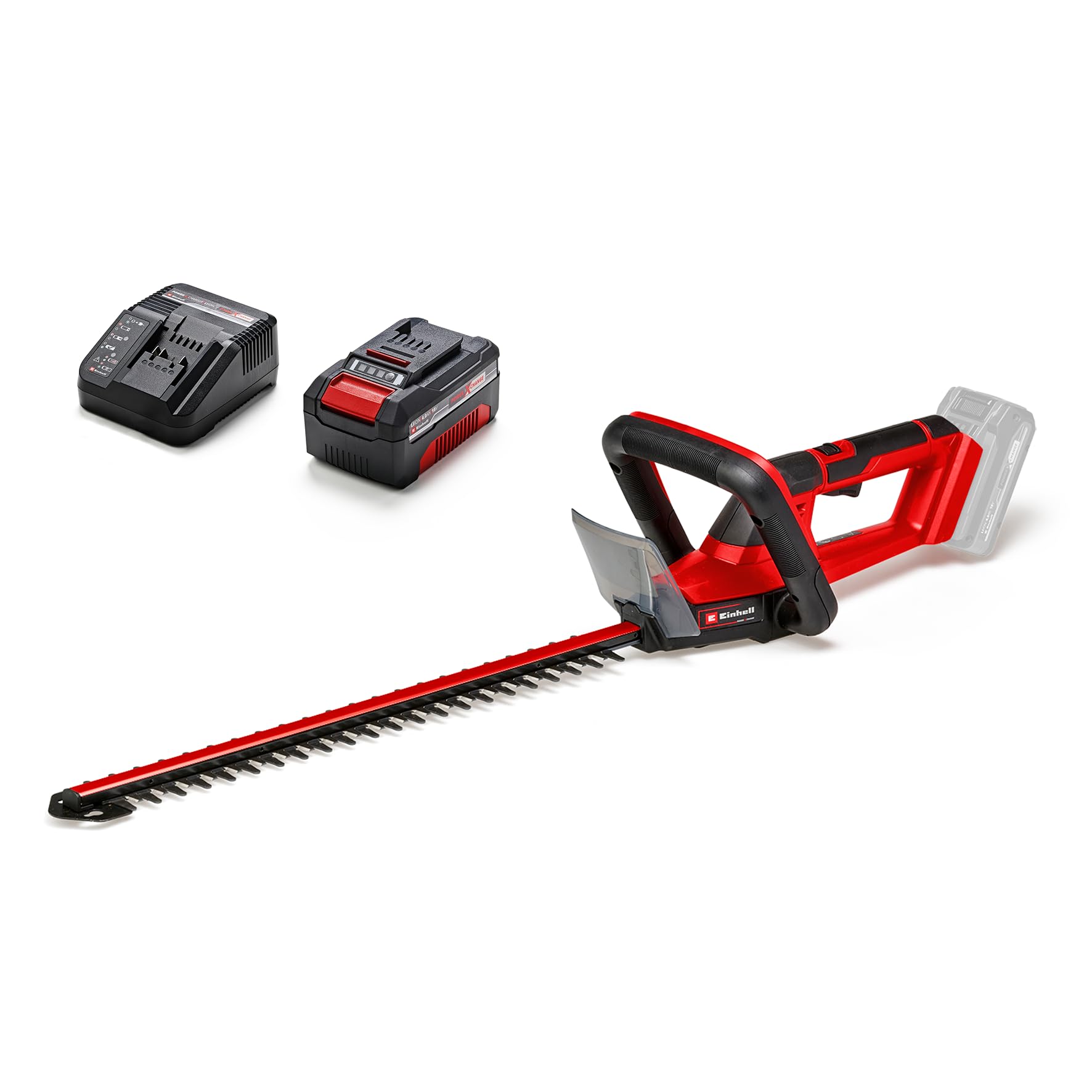 Einhell Akku-Heckenschere GC-CH 18/50 Li PXC – 4.0 Ah Set, rot-schwarz, mit Schwert, schneidet Hecken kabellos. 