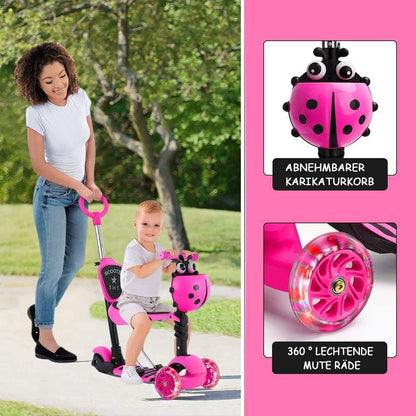 YOLEO 5-in-1 Kinderscooter mit Sitz, Schubstange und Korb rosa