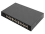 DIGITUS 26 Port Fast Ethernet PoE-Netzwerk-Switch - 19 Zoll, schwarzes 19-Zoll-Rackmount-Gehäuse zur zentralen Netzwerkverteilung und PoE-Versorgung.