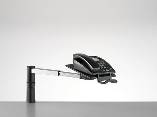 Novus ScopeMaster Telefon-Schwenkarm, silber, mit Klemmbefestigung. Hält Telefone für flexible Positionierung am Arbeitsplatz.