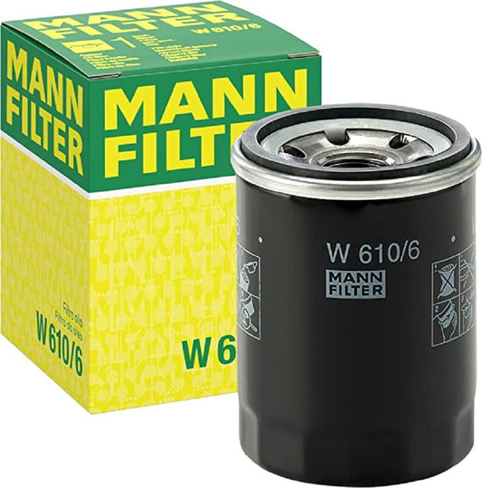 MANN-FILTER W 610/6 Ölfilter für PKW und Nutzfahrzeuge – 5er Pack. Gelber, zylindrischer Filter reinigt Motoröl.