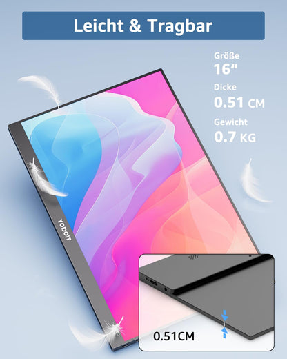 Yodoit Tragbarer Monitor 16" FHD IPS USB-C für Laptop PC