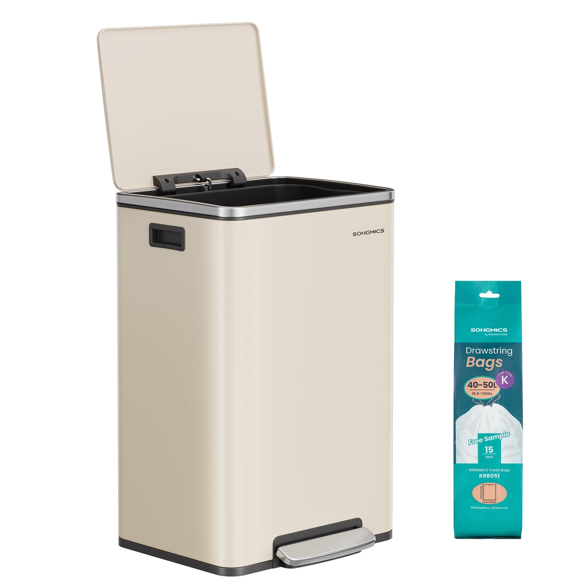 SONGMICS Mülleimer 50 L mit Softclose-Deckel und Pedal, cremefarben, aus Stahl