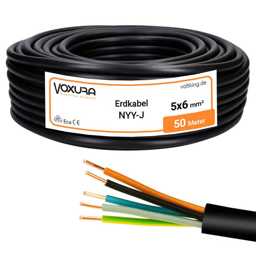 NYY-J 5x6 mm² Erdkabel Stromkabel: Schwarzes, rundes Kabel zur festen Verlegung als Stromleitung für Starkstromanlagen im Aussenbereich.