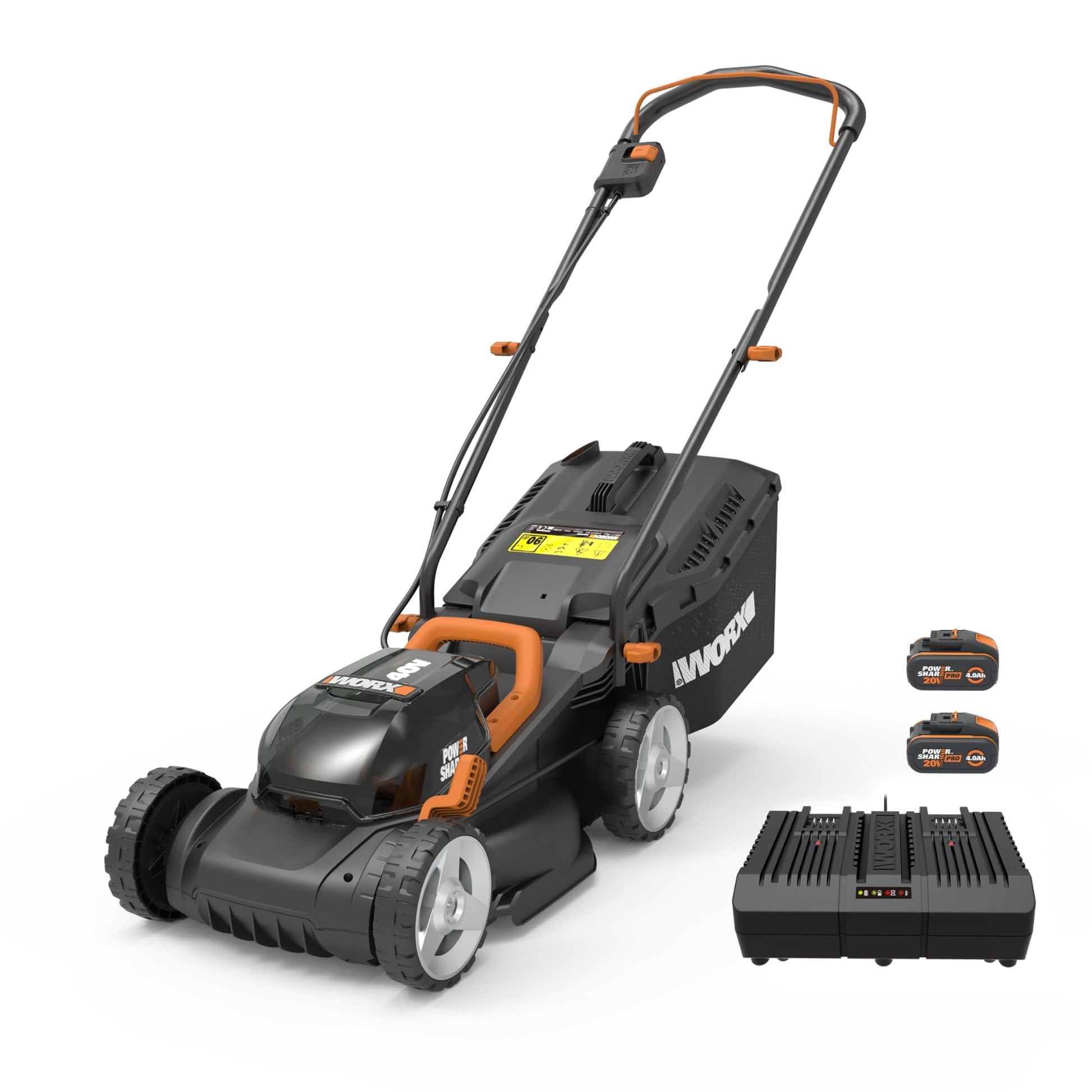 WORX WG779E.1 Akku-Rasenmäher - 34 cm Schnittbreite. Orange-schwarzer Akku-Rasenmäher zum kabellosen Mähen von Rasenflächen.