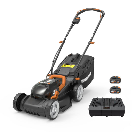 WORX WG779E.1 Akku-Rasenmäher - 34 cm Schnittbreite. Orange-schwarzer Akku-Rasenmäher zum kabellosen Mähen von Rasenflächen.