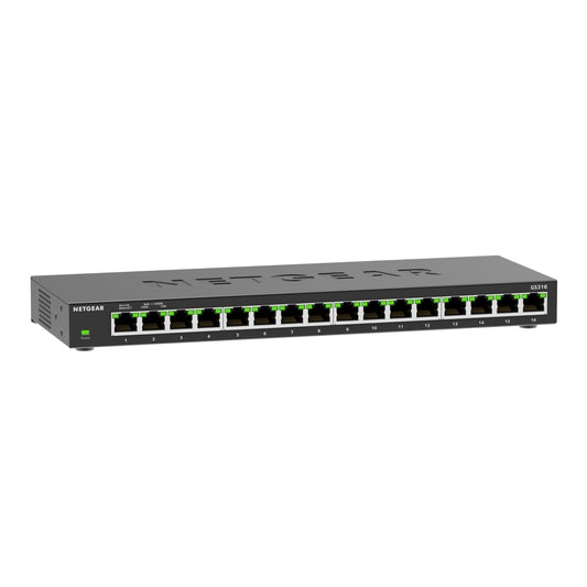 NETGEAR GS316 16-Port Gigabit Ethernet Unmanaged Switch, schwarz, rechteckig. Verbindet 16 Gigabit Ethernet Geräte im Netzwerk.