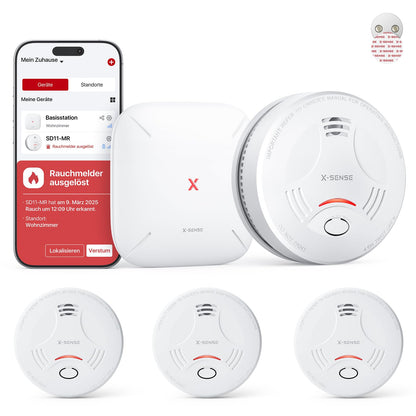 X-Sense Smart-Rauchmelder WLAN SD11-MR31 mit Basisstation, 3er-Set, runde Bauform und Magnethalterung