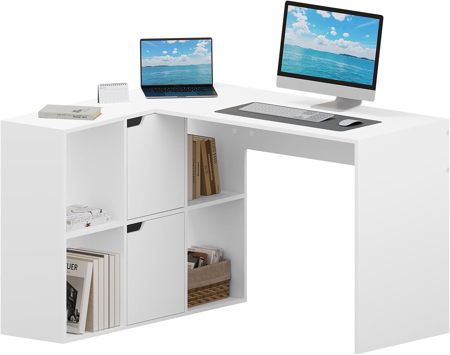 eSituro Eckschreibtisch L-Form – Weiss, 120x100 cm, mit Regalen. Bietet Arbeitsfläche und integrierten Stauraum in L-Form für Eckbereiche.