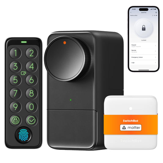 SwitchBot Smart Lock Pro WLAN Türschloss - Touchscreen Tastatur. Schwarzes Gehäuse mit Touchscreen. Zur Türöffnung per WLAN/Code.