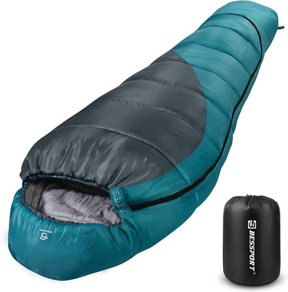 Bessport Mumienschlafsack Winter, ultraleicht mit kleinem Packmass – Mumienform mit Kapuze und Zwei-Wege-Reissverschluss