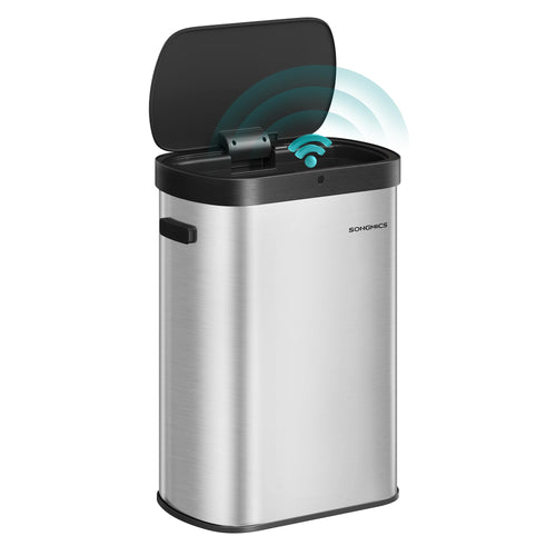 SONGMICS Sensor-Mülleimer, 50 L, Softclose, Stahl, silber-schwarz – rechteckiger Küchenabfalleimer mit Deckel