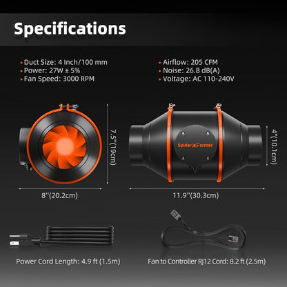 Spider Farmer Grow Abluftset 100mm - Ventilator & Aktivkohlefilter