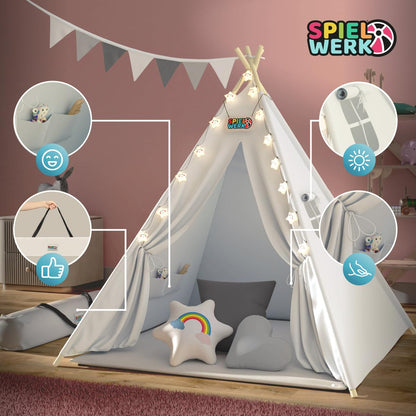 Spielwerk® Tipi Kinderzelt – Set 130x130cm Weiss Grau