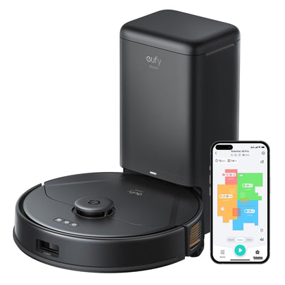 eufy X8 Pro Saugroboter mit Absaugstation & Wischfunktion: Runder Saugroboter saugt, wischt Böden und entleert sich an der Absaugstation.