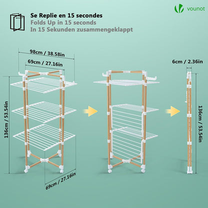 VOUNOT Wäscheständer Turm, klappbar, 3 Ebenen, mit Rollen, Weiss