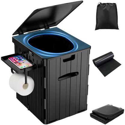 WADEO Faltbare Campingtoilette 38L mit Papier- und Handyhalter, schwarz aus ABS-Kunststoff