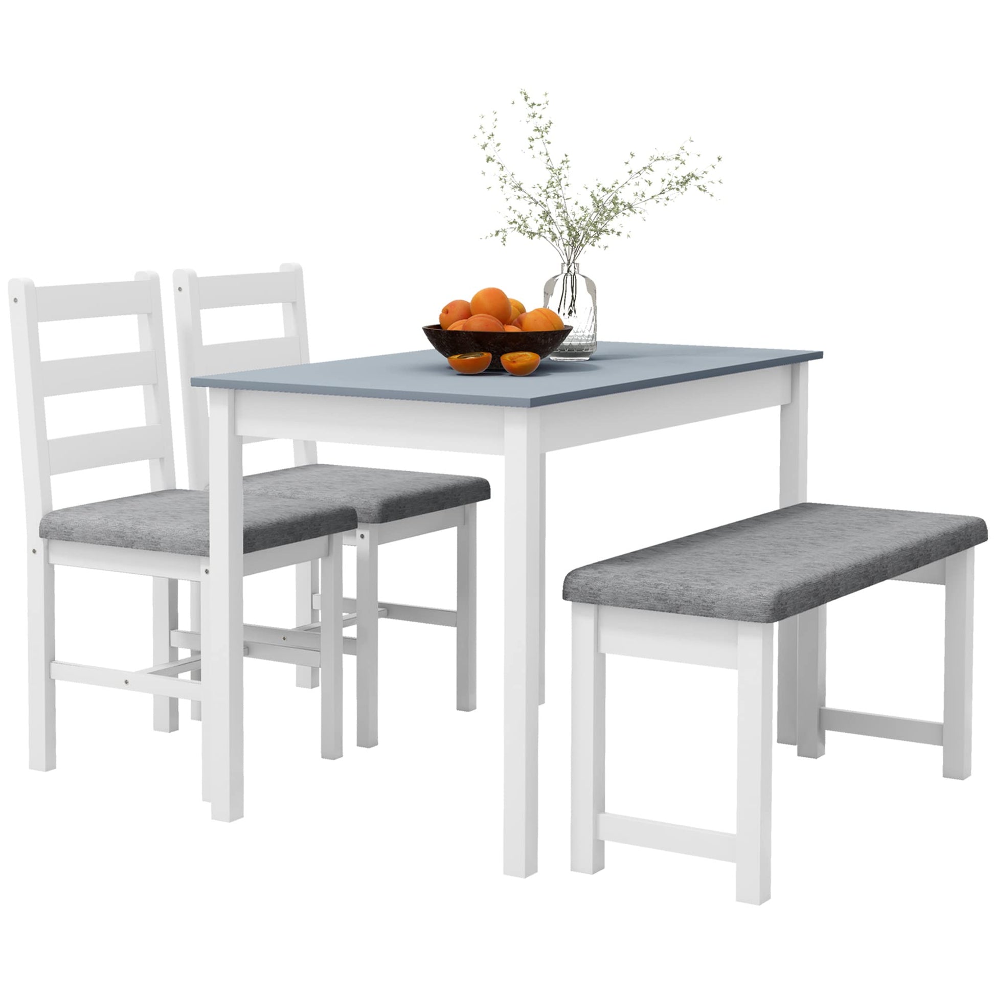 HOMCOM Essgruppe 4-teilig – Tisch, 2 Stühle, Bank Grau/Weiss. Set aus rechteckigem Tisch, 2 Stühlen und Bank in Grau/Weiss zum Speisen.