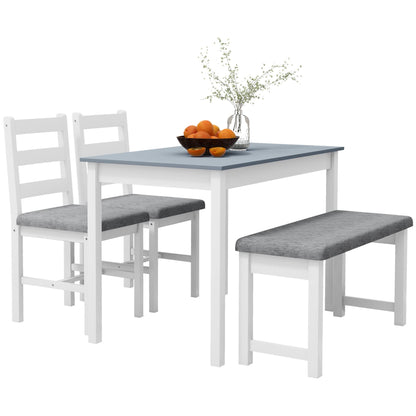 HOMCOM Essgruppe 4-teilig – Tisch, 2 Stühle, Bank Grau/Weiss. Set aus rechteckigem Tisch, 2 Stühlen und Bank in Grau/Weiss zum Speisen.
