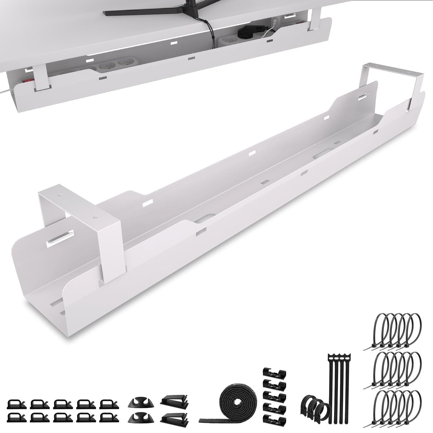 Ultimate Setup® Kabelwanne Schreibtisch – Kabelmanagement Weiss. Eine weiße Kabelwanne in U-Form für die strukturierte Kabelführung unter dem Schreibtisch.