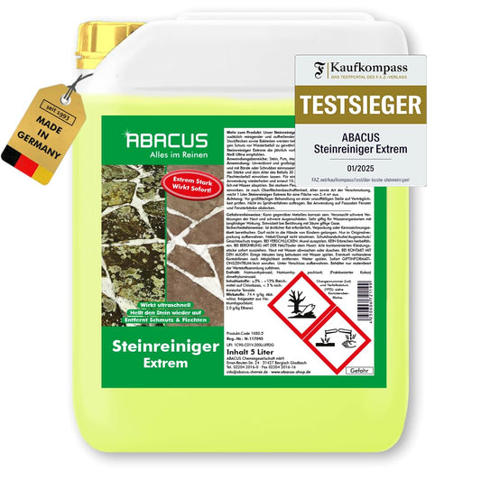 ABACUS® Steinreiniger Extrem Intensiv Aussen – 5 Liter: Weißer 5-Liter-Kanister. Reinigt Terrassen, Pflaster.