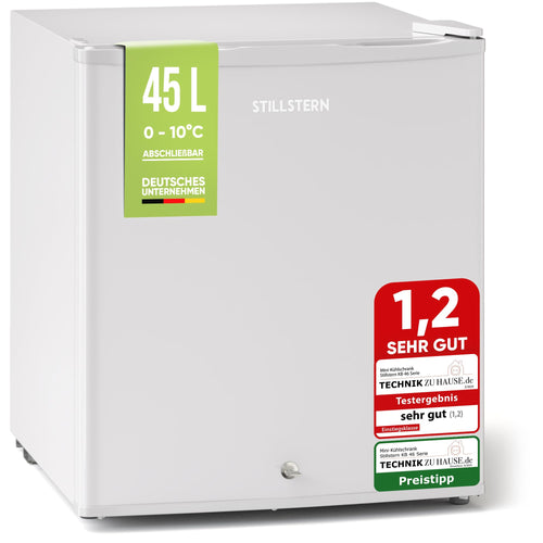 Stillstern Mini Kühlschrank E 45L, Minibar. Weißer, rechteckiger Minikühlschrank. Kühlt Lebensmittel & Getränke in kleinen Räumen.