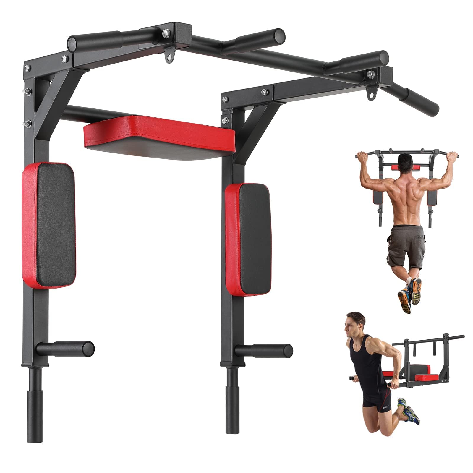 FitSwiss Klimmzugstange Wandmontage Dip-Station 200kg. Schwarzes Stahlgestell mit horizontaler Stange und zwei Parallelgriffen für Klimmzüge und Dips.
