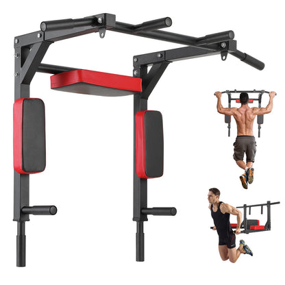 FitSwiss Klimmzugstange Wandmontage Dip-Station 200kg. Schwarzes Stahlgestell mit horizontaler Stange und zwei Parallelgriffen für Klimmzüge und Dips.