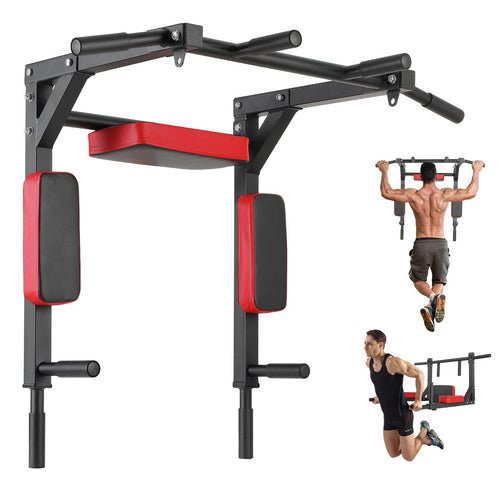 FitSwiss Klimmzugstange Wandmontage Dip-Station 200kg. Schwarzes Stahlgestell mit horizontaler Stange und zwei Parallelgriffen für Klimmzüge und Dips.