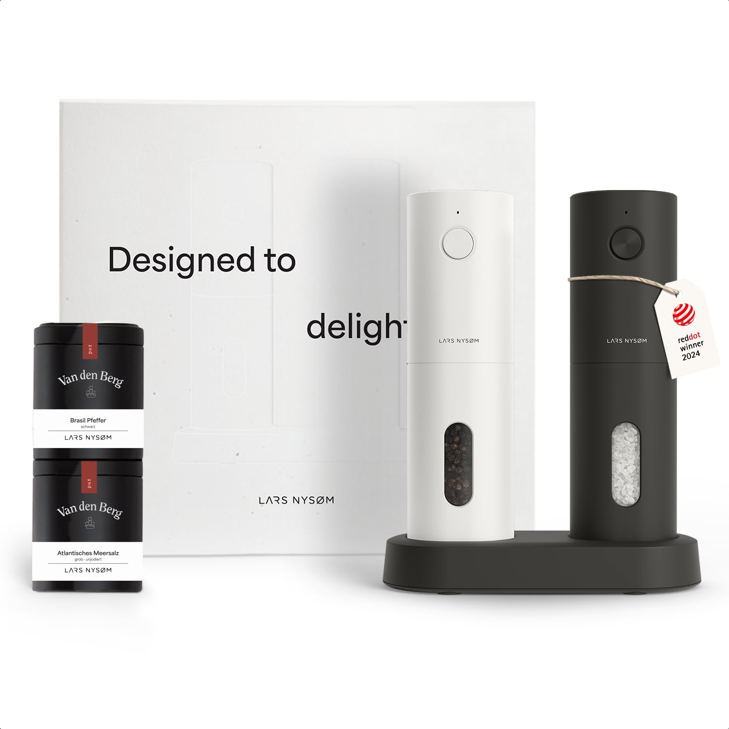 LARS NYSØM Elektrische Gewürzmühlen Set – Geschenkset Black/White: Zylindrische Mühlen, schwarz-weiß, mahlen elektrisch Gewürze.