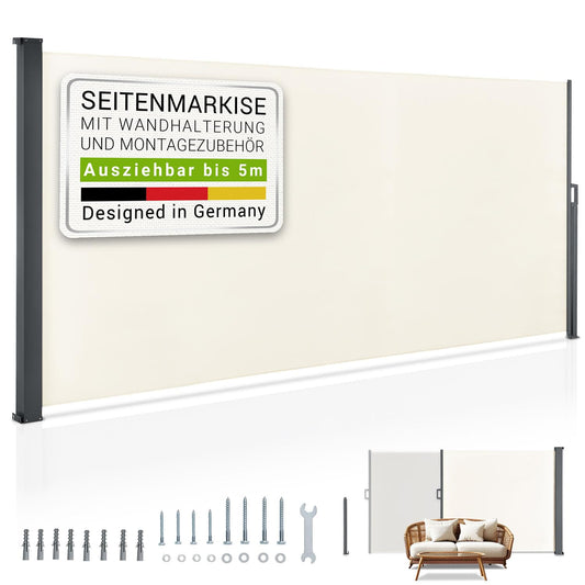 Juskys Seitenmarkise Dubai 500x180cm ausziehbar beige. Beige Seitenmarkise für Sonnenschutz und Sichtschutz auf Terrasse oder Balkon.