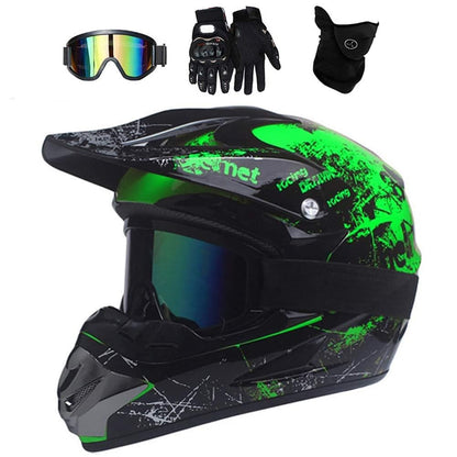 UIGJIOG Kinder-Motocross-Helm Set mit Brille und Handschuhen, Grün, M – aerodynamische FRP-Schale