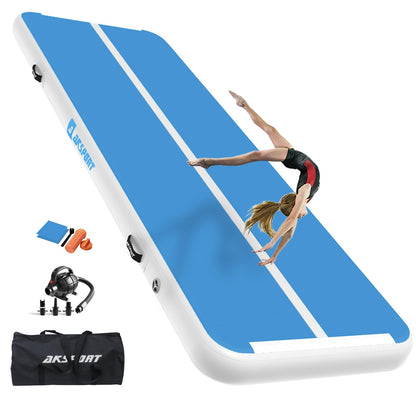 AKSPORT Air Track Gymnastikmatte aufblasbar mit Luftpumpe, blau, rechteckige Ausführung aus PVC-Plane