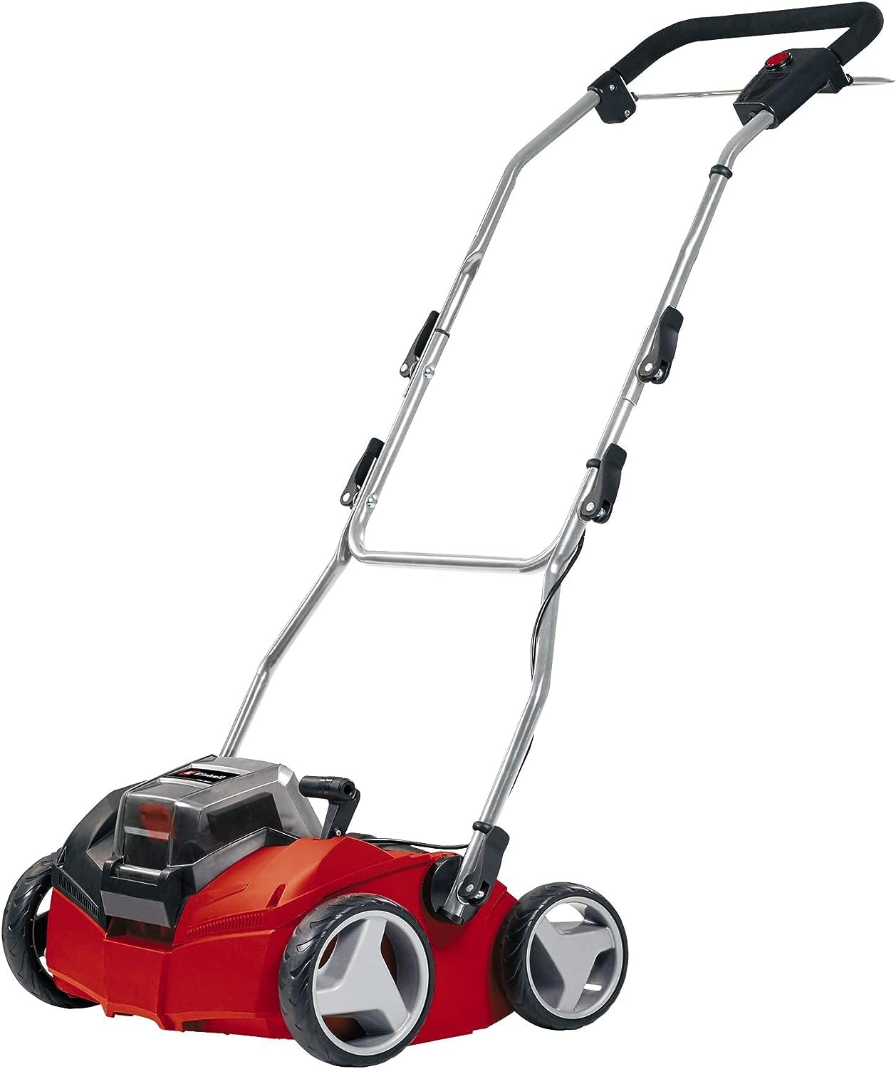 Einhell Akku-Vertikutierer-Lüfter GE-SC 35/1 Li PXC Solo, rotes/schwarzes Gerät mit Rollen. Vertikutiert und lüftet Rasen.