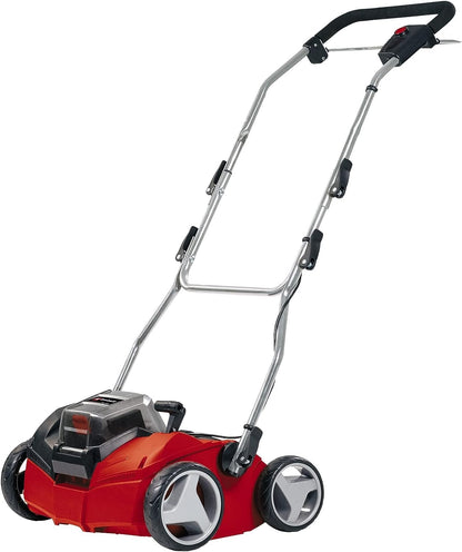 Einhell Akku-Vertikutierer-Lüfter GE-SC 35/1 Li PXC Solo, rotes/schwarzes Gerät mit Rollen. Vertikutiert und lüftet Rasen.