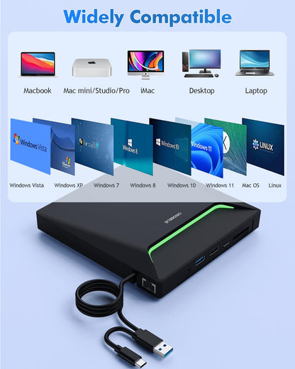 ORIGBELIE Externer DVD-Brenner USB 3.0 mit RJ45, USB-Hub und SD/TF