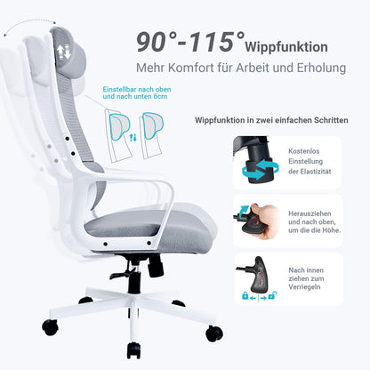 MELOKEA Ergonomischer Bürostuhl 200kg, Mesh, Kopfstütze - Grau