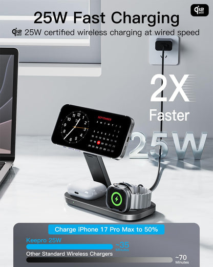 KEEPRO T8Y 3-in-1 kabellose Ladestation MagSafe 25W mit 35W Netzteil