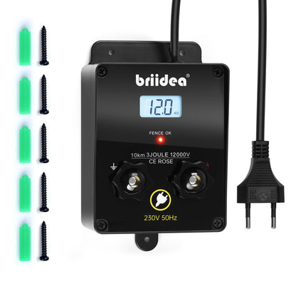 Briidea 12000V 3J Weidezaungerät – 230V LCD-Anzeige. Rechteckiges Gerät mit LCD. Versorgt Elektrozäune für Tierhaltung.