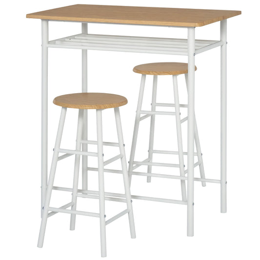 HOMCOM Bartisch Essgruppe 2 Hocker, Lagerregal – Weiss. Weißes Bartisch-Set mit 2 Hockern und Regal für Essgruppe und Stauraum.