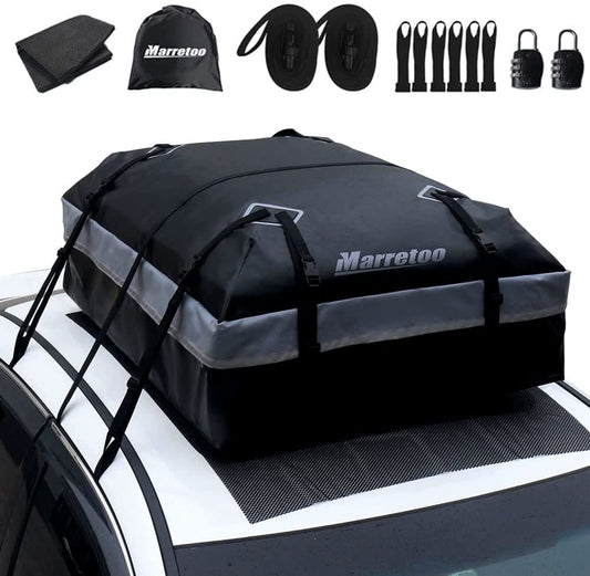 Marretoo 21 Kubikfuss faltbare Auto Dachbox – Schwarz, länglich-aerodynamisch. Transportiert Gepäck auf dem Fahrzeugdach.
